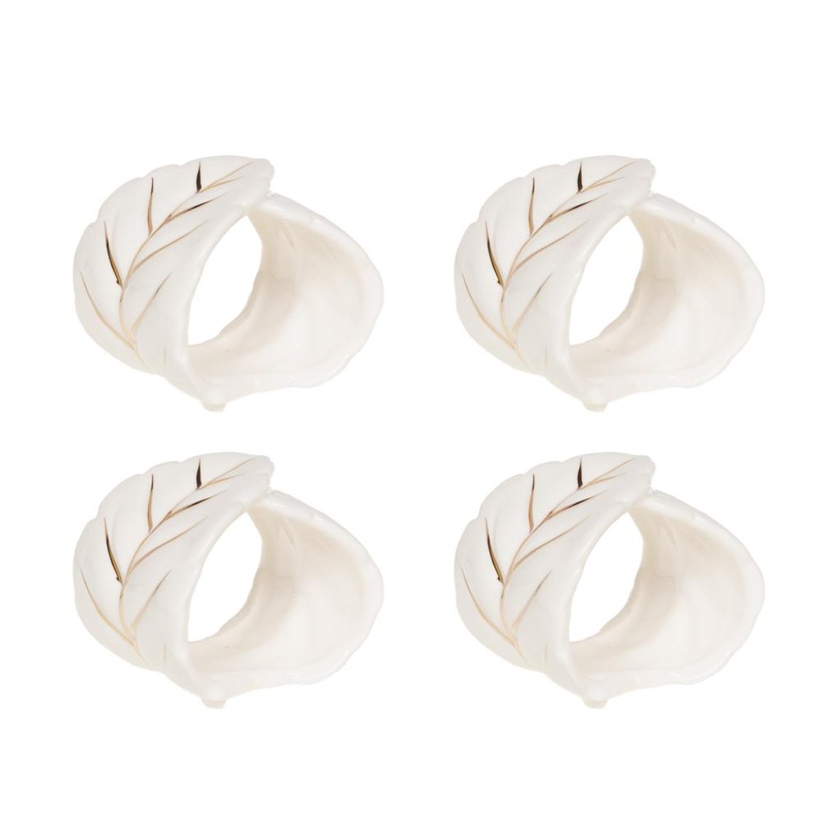 Coffret de 4 ronds de serviettes feuille blanche en céramique crème / ivoire, AMADEUS