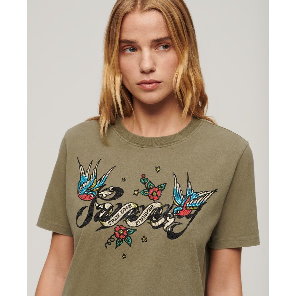 T-shirt à motif tatouage Script kaki mousse, SUPERDRY