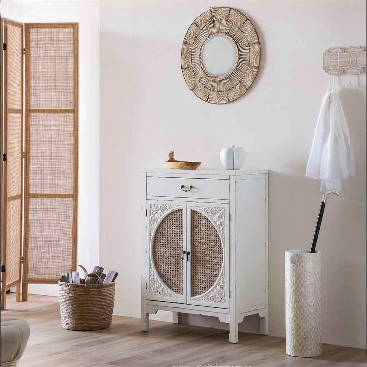 Paravent rectangulaire en bois et bambou bois naturel et cannage beige, RECOLLECTION