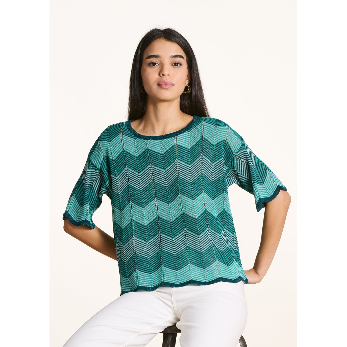 Pull manches courtes maille irisée petrole, LA FEE MARABOUTEE