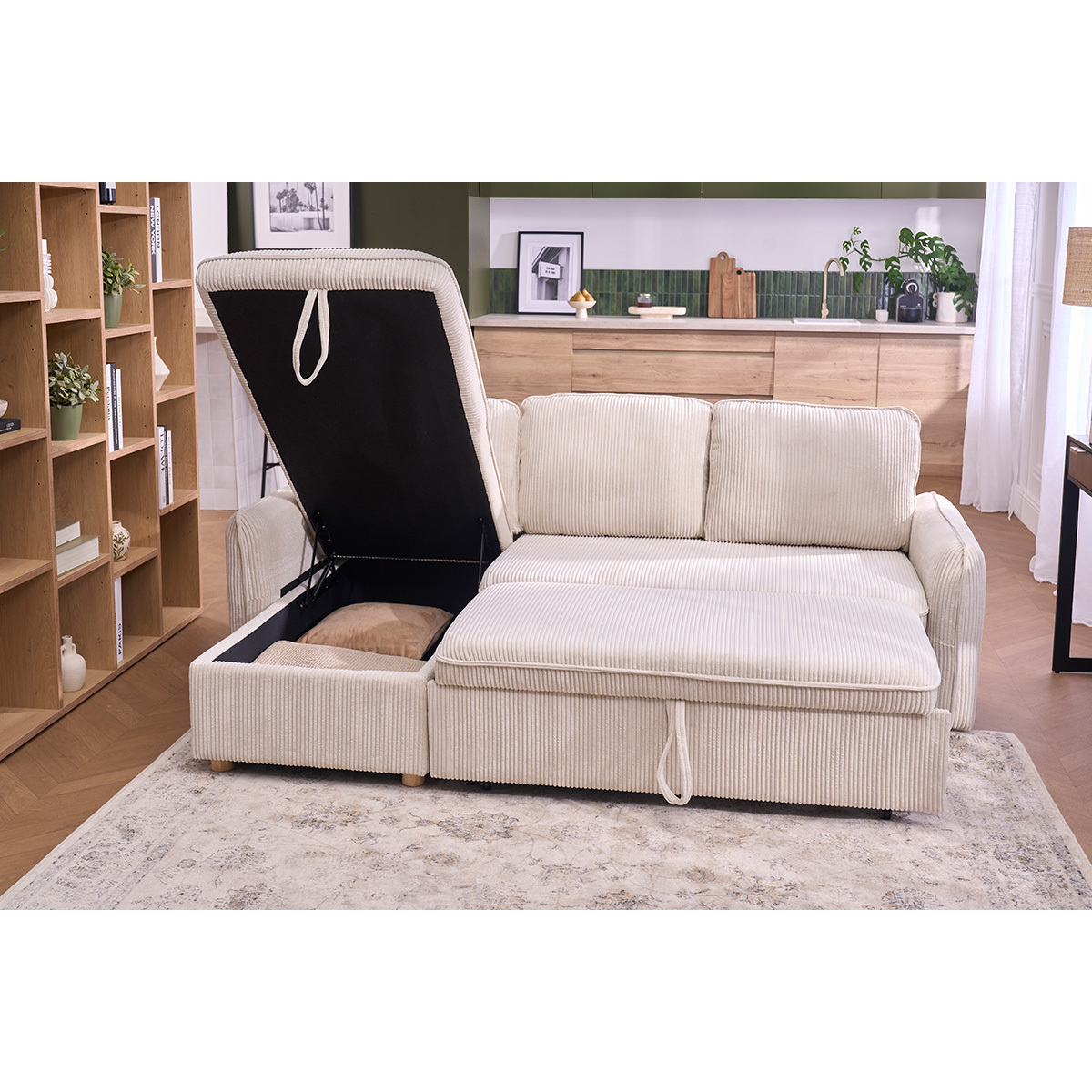 Canapé d'angle convertible réversible avec coffre 3 places en tissu velours côtelé beige et bois clair ORSO beige, MILIBOO