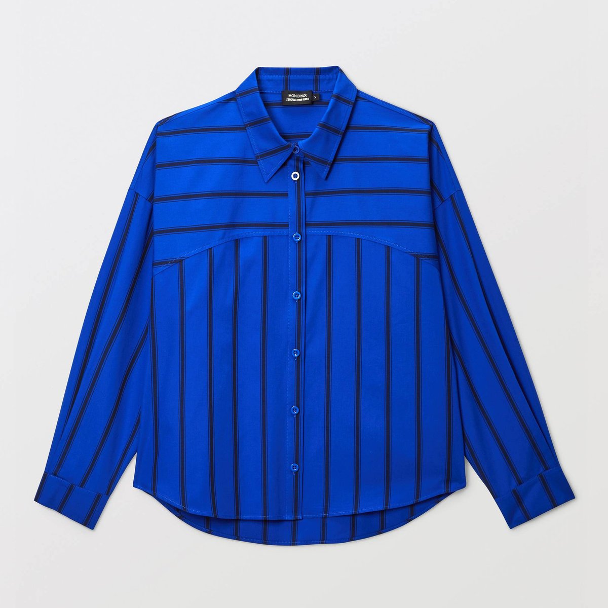Chemise manches longues rayée en coton BIO GOTS bleu roi, MONOPRIX