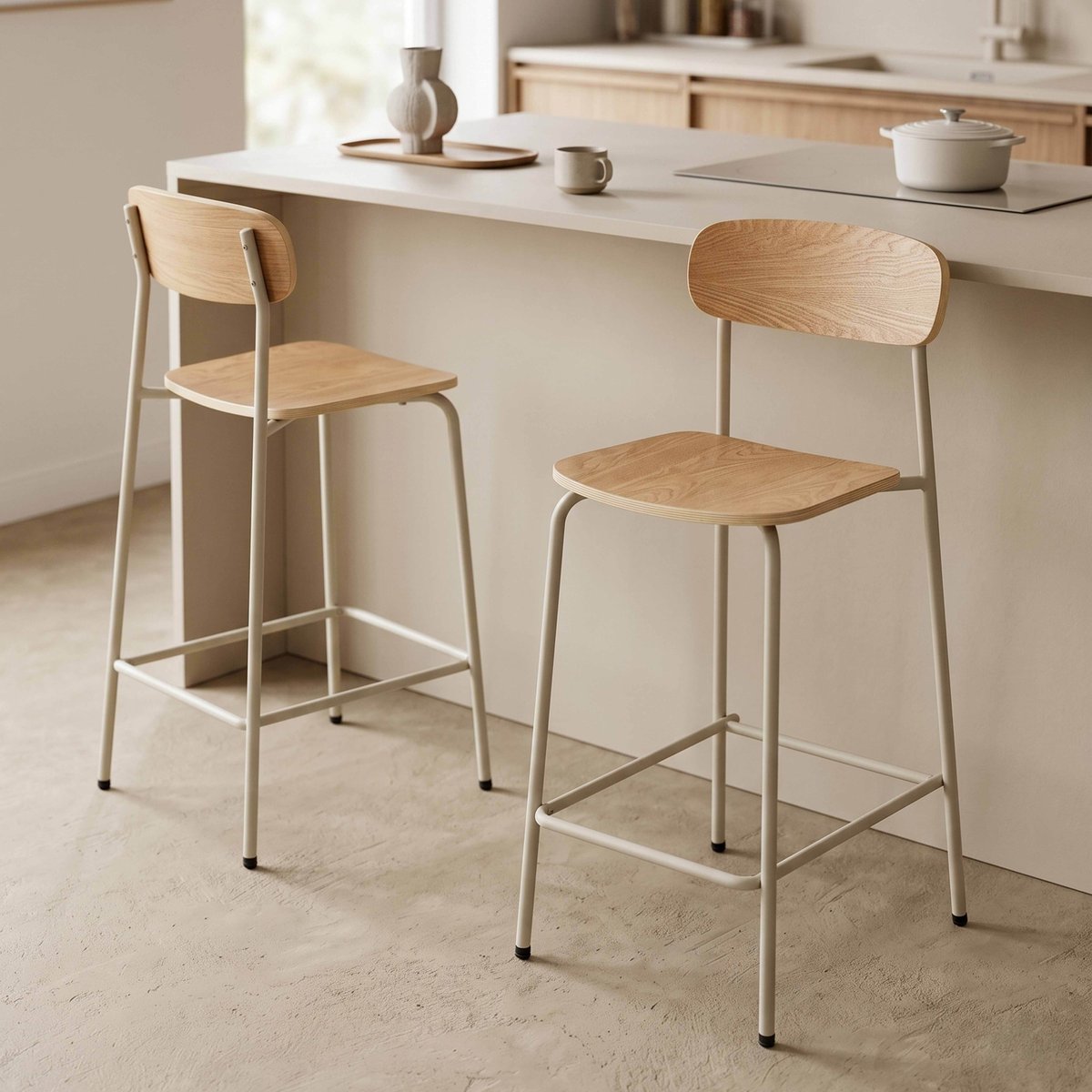 Lot de 2 chaises hautes en métal et bois, LILA beige, OVIALA