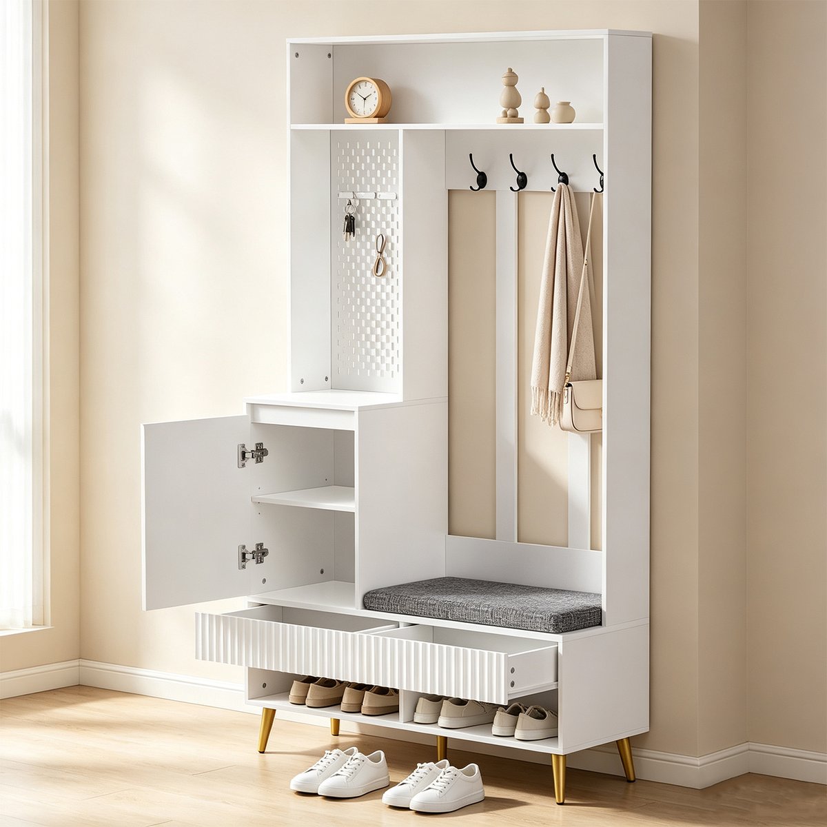Vestiaire d'entrée avec banc et rangement, PORTER blanc, MEUBLES COSY