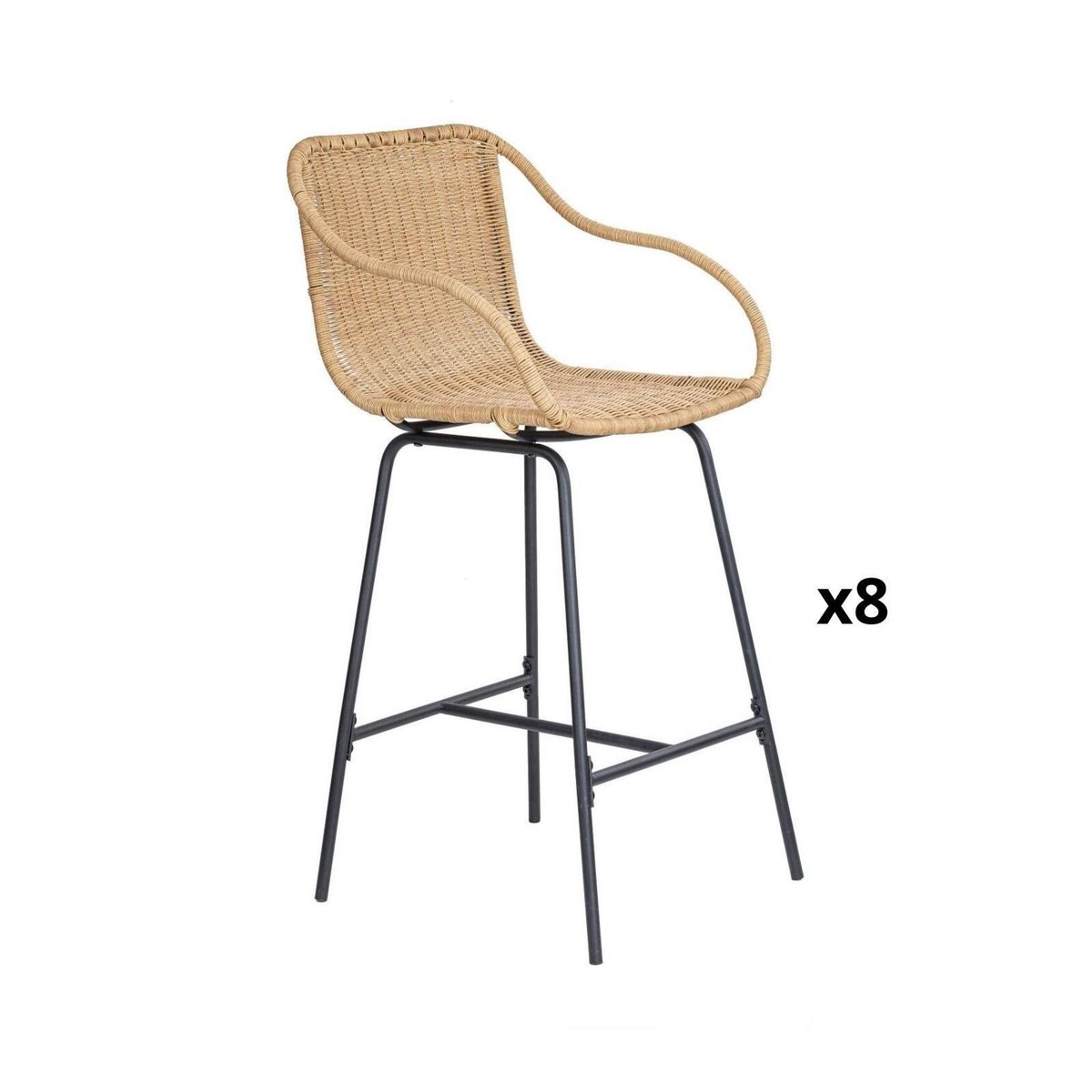 Lot de chaises de bar et d'ilot en métal et assise rotin 65cm MOOREA | Lot de 8 naturel, MOB IN