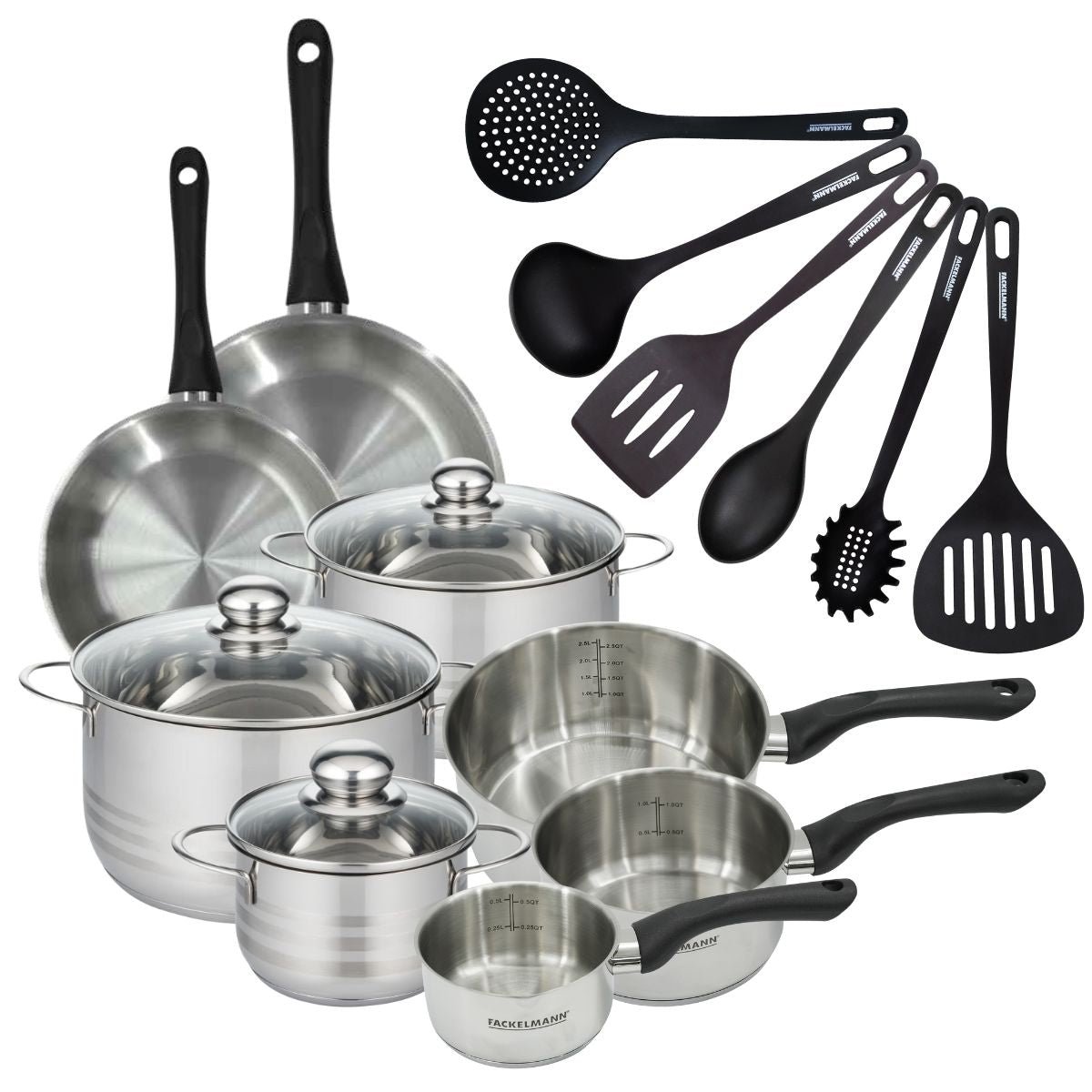 2 poêles 20/24, 3 faitouts 16/20/24, 3 casseroles 12/16/20 inox|noir, FACKELMANN