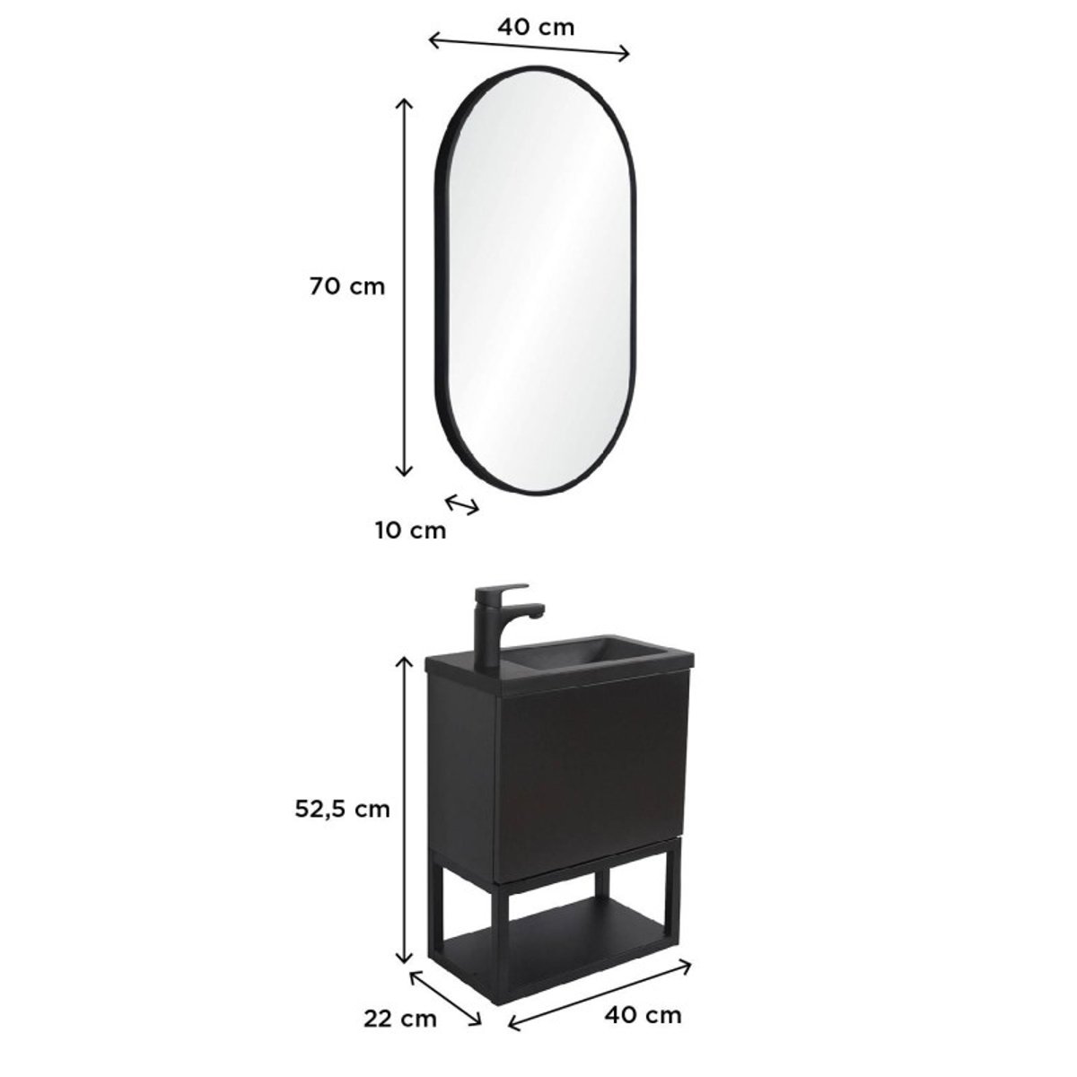 Ensemble lave-mains métal et bois avec miroir ovale NOVA noir, MOB IN