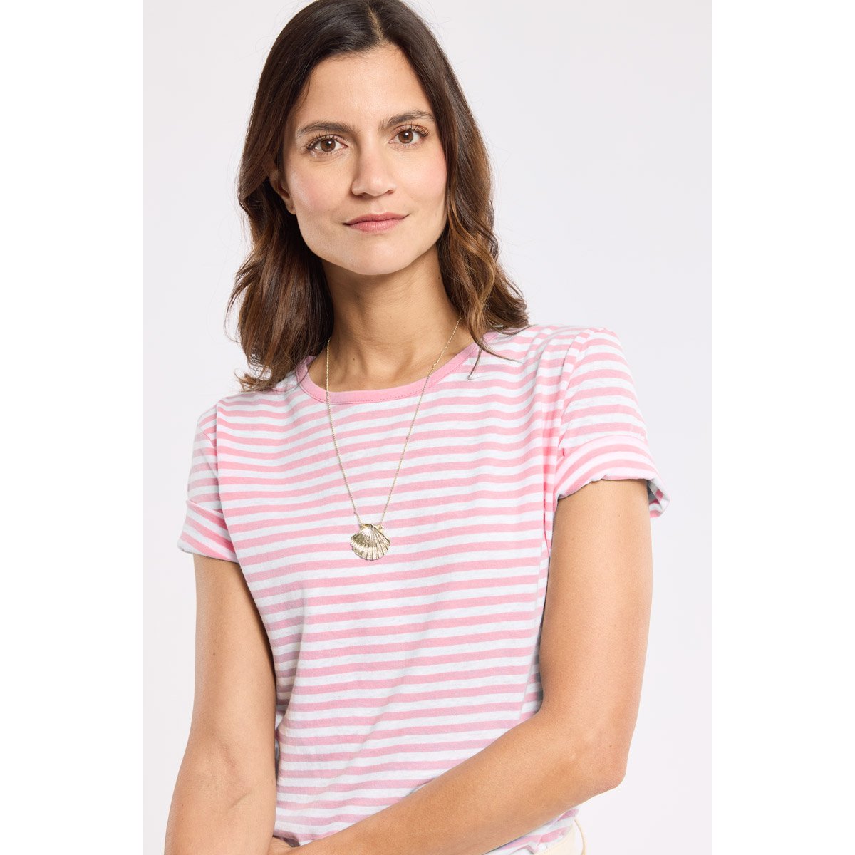T-shirt rayé en coton et lin blanc/dahlia, ARMOR-LUX