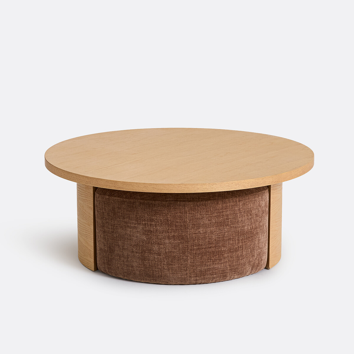 Table basse ronde en placage chêne, et ses 2 poufs, JEN coloris chêne, LA REDOUTE INTERIEURS