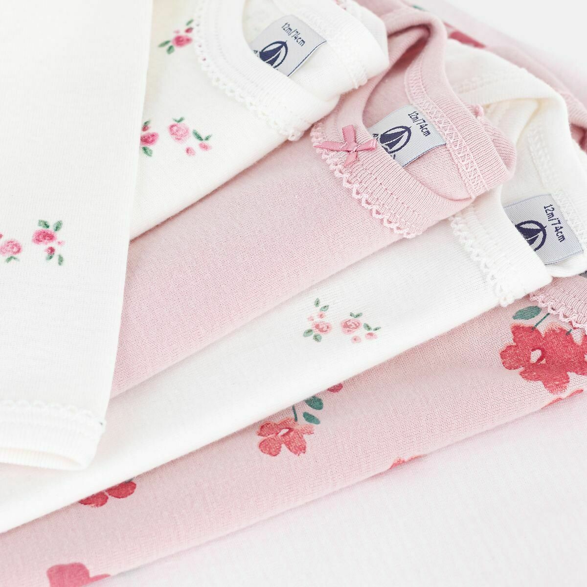 Pack of 5 Bodysuits with Long Sleeves pink + white, PETIT BATEAU