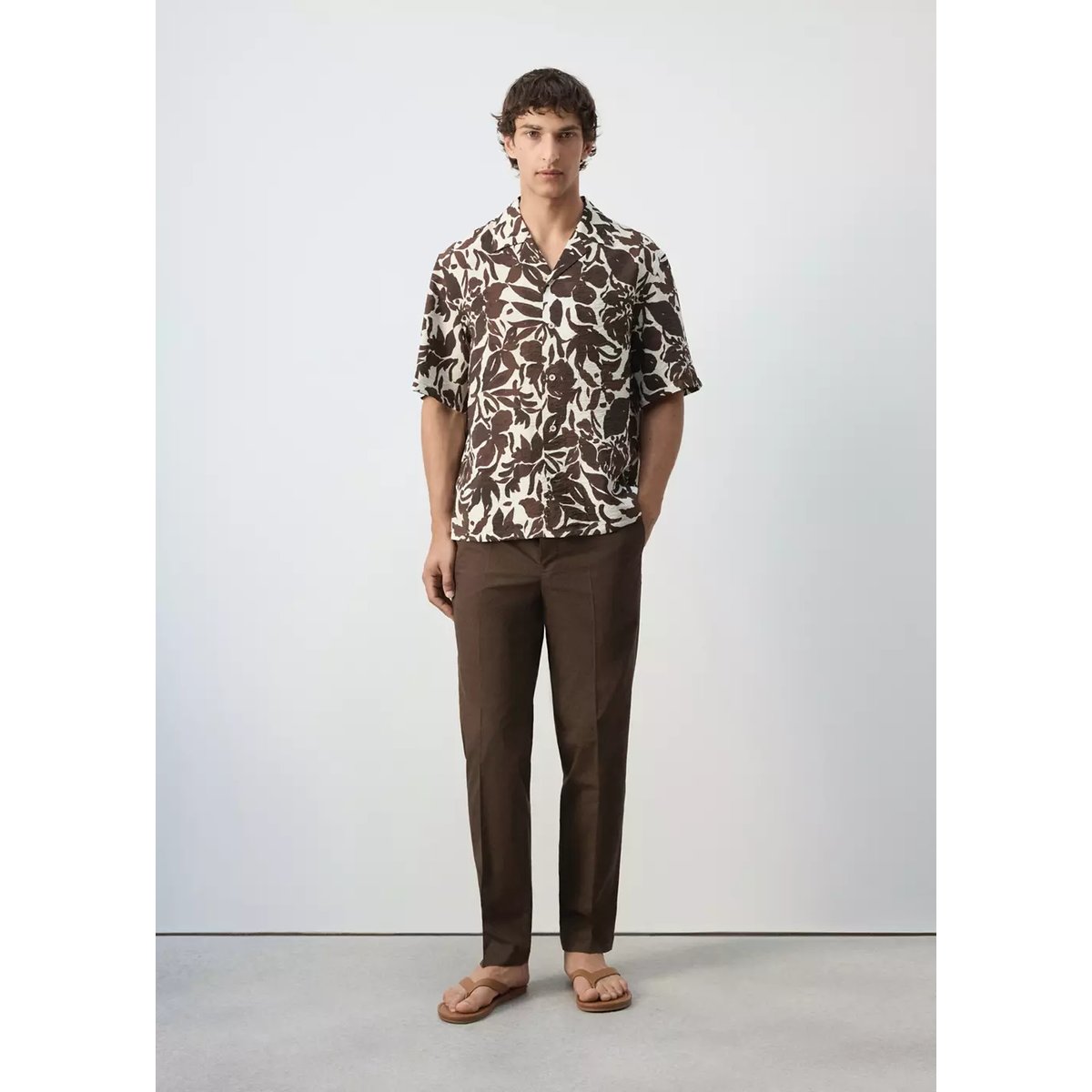 Chemise coton imprimée col bowling marron, MANGO MAN