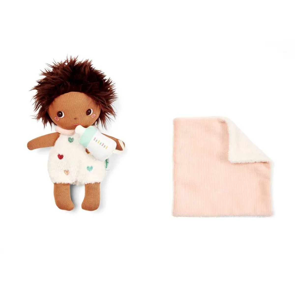 Poupée en tissu 21cm et son couffin marron, LILLIPUTIENS