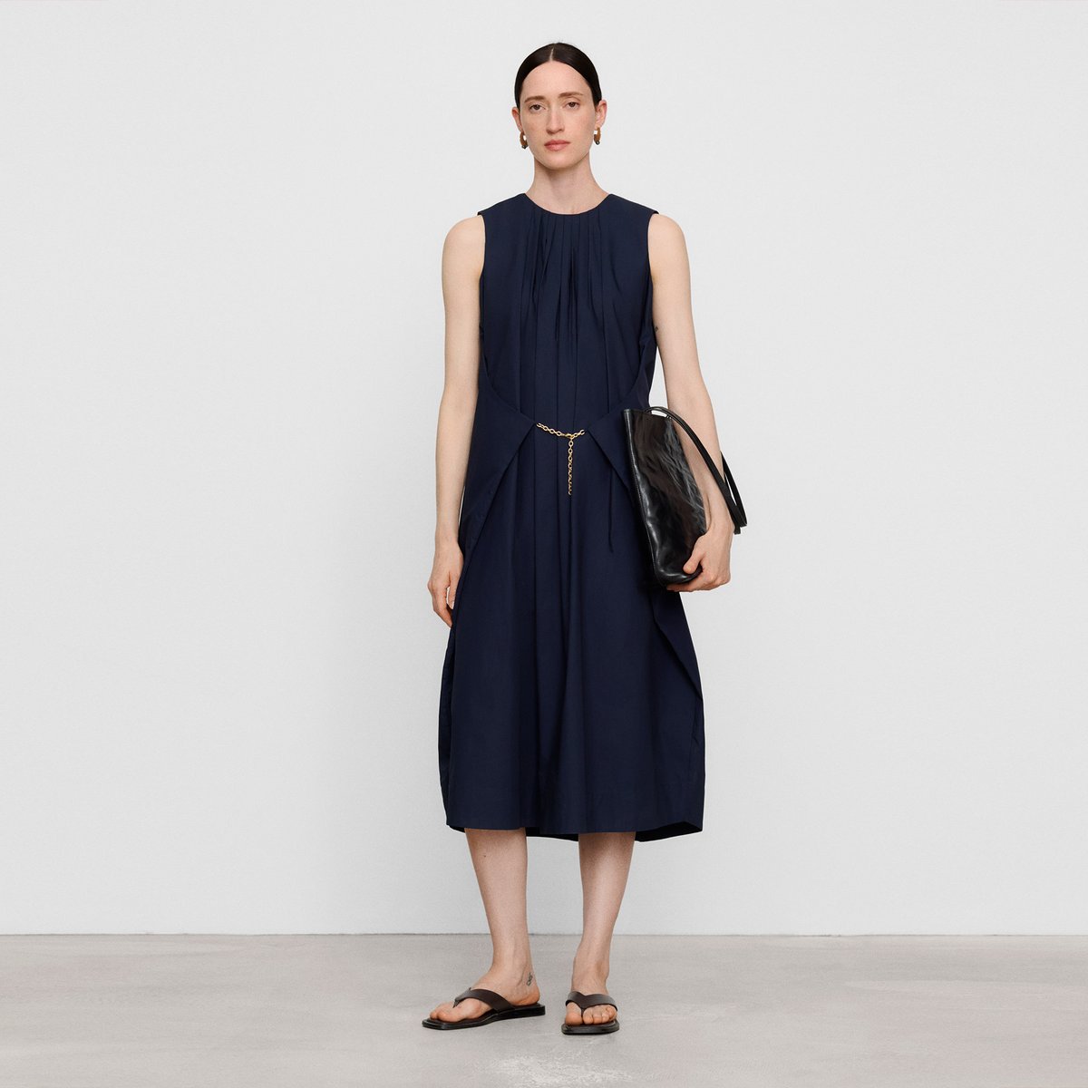 Robe en coton biologique à silhouette ballon bleu marine, ADOLFO DOMINGUEZ