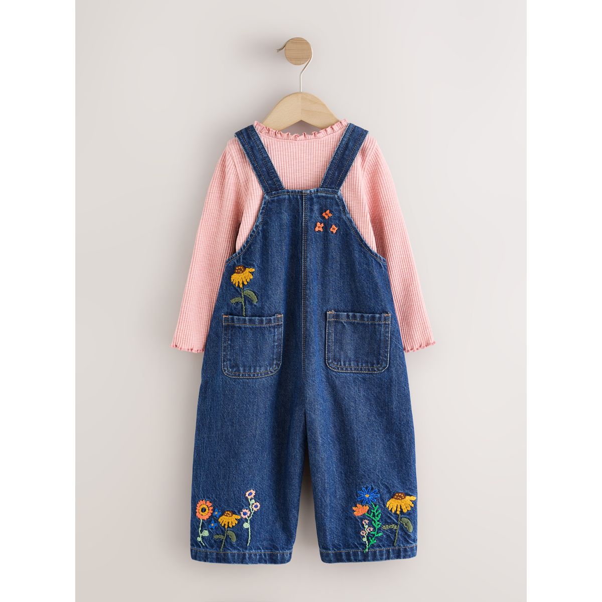 Ensemble salopette en jean broderie florale rose, NEXT