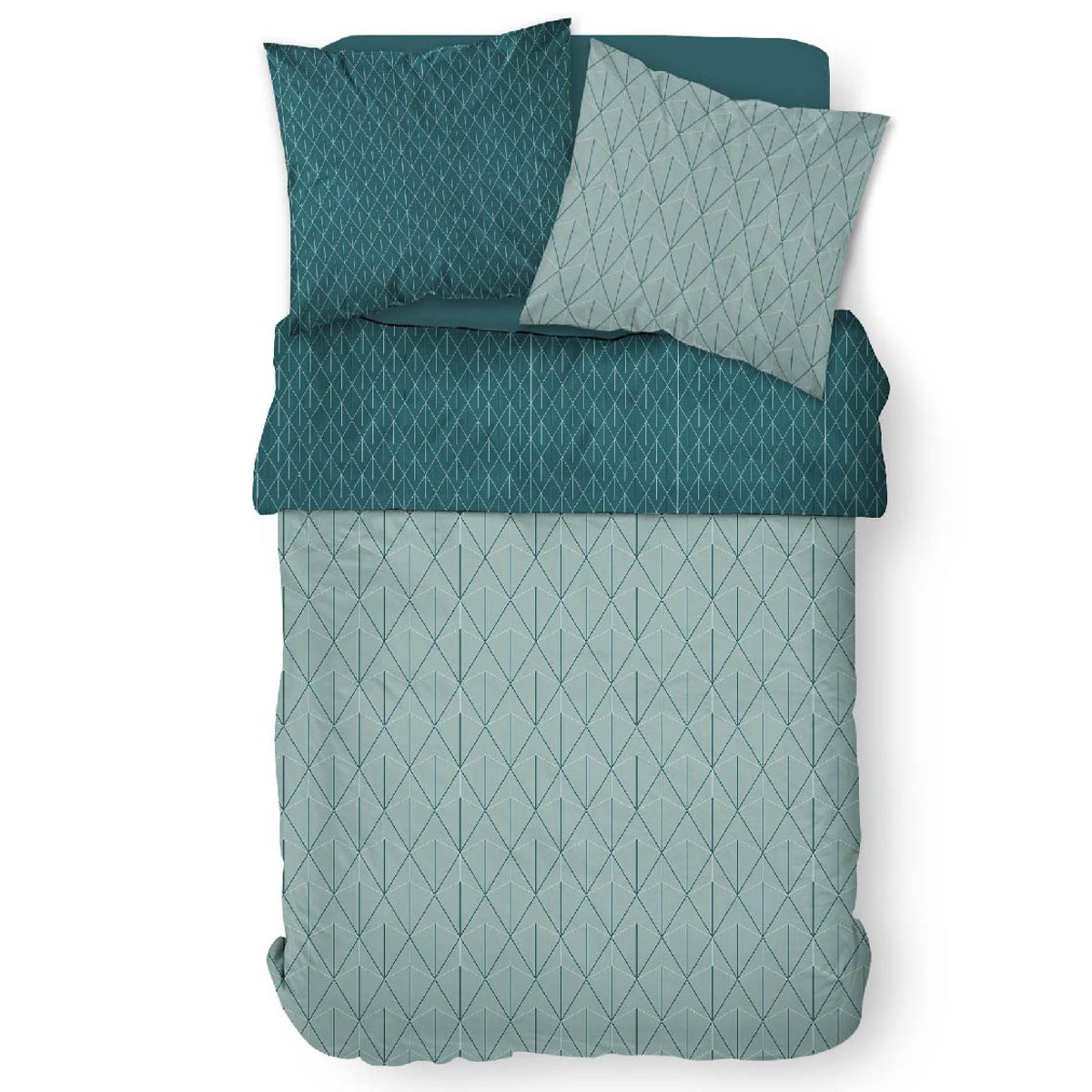 Parure de lit coton 2 personnes imprimé graphique SUNSHINE bleu, TODAY