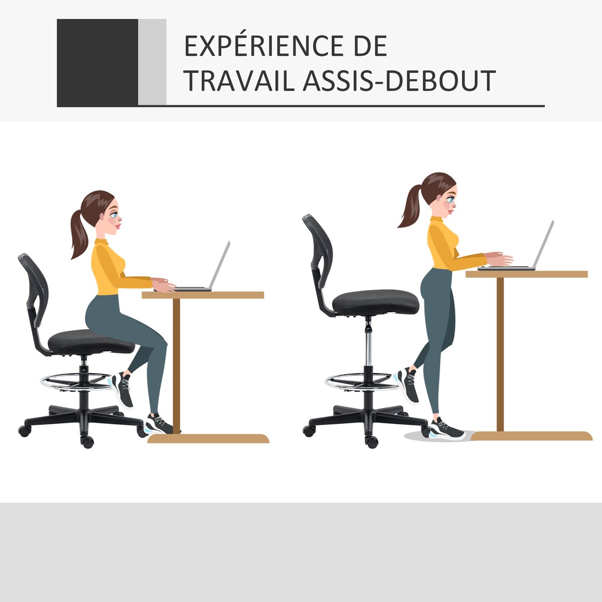 Chaise de bureau pour poste de travail debout noir, HOMCOM