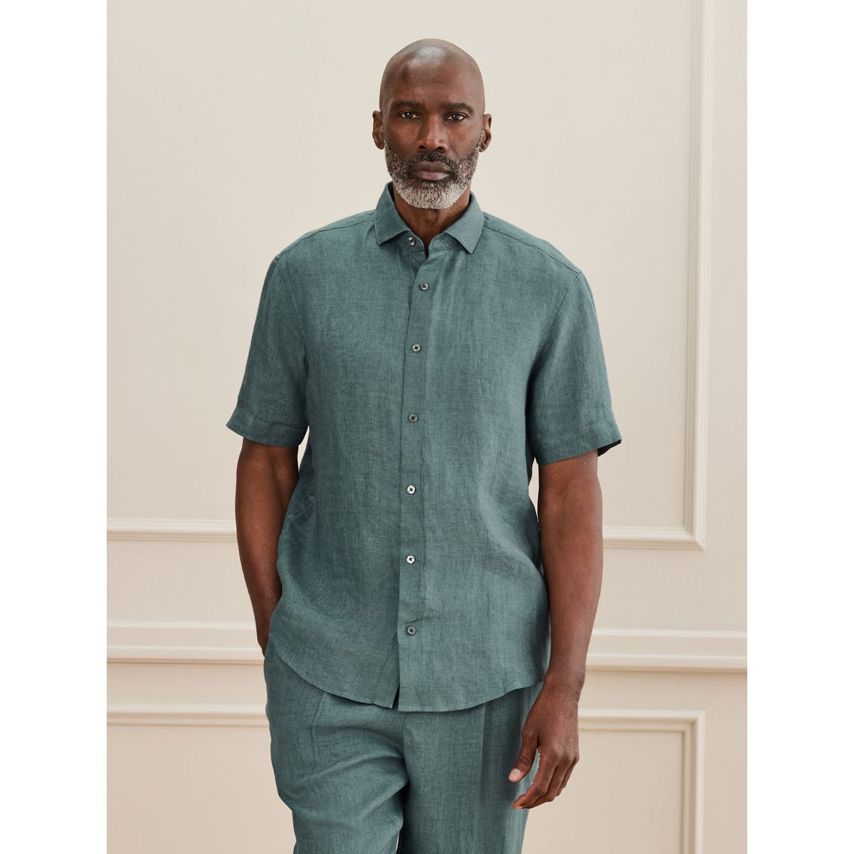 Chemise manches courtes lin tissé signature bleu sarcelle, NEXT