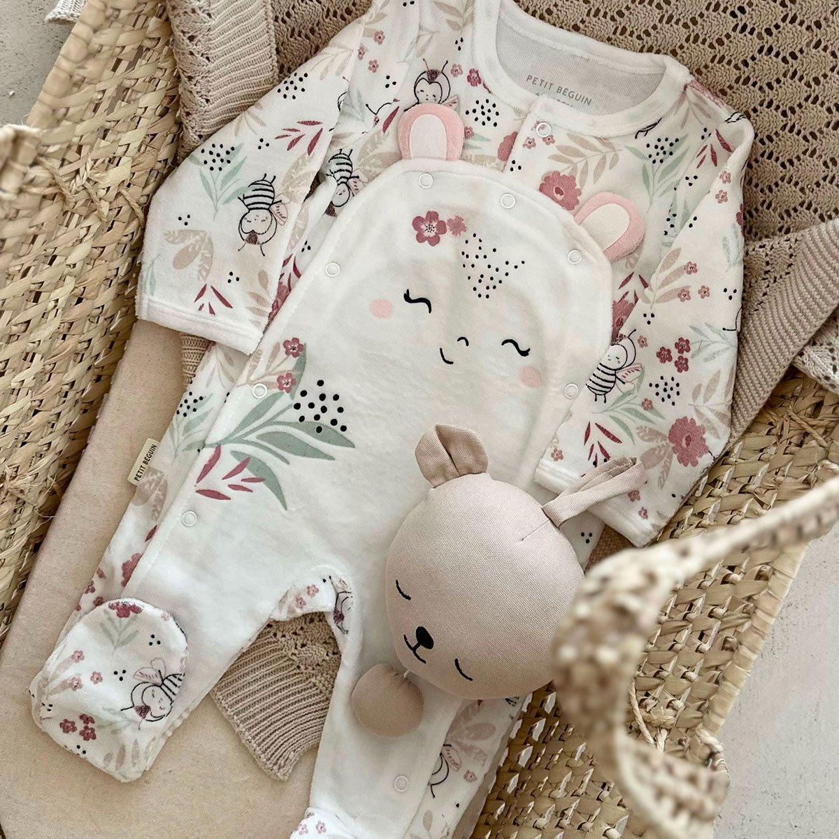 Pyjama bébé en velours ouverture pont Mya ecru, PETIT BEGUIN