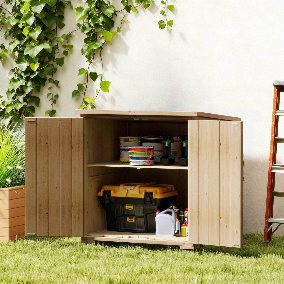 Coffre de rangement d'extérieur Bois de sapin beige, OUTSUNNY