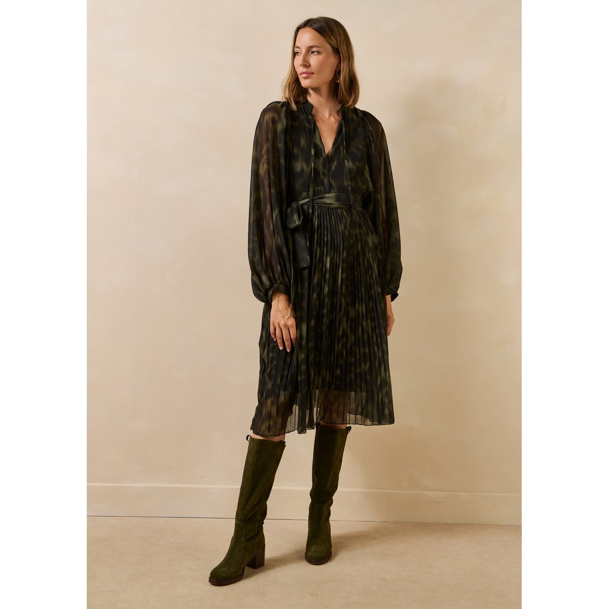 Robe manches longues imprimé tie & dye kaki, LA FEE MARABOUTEE