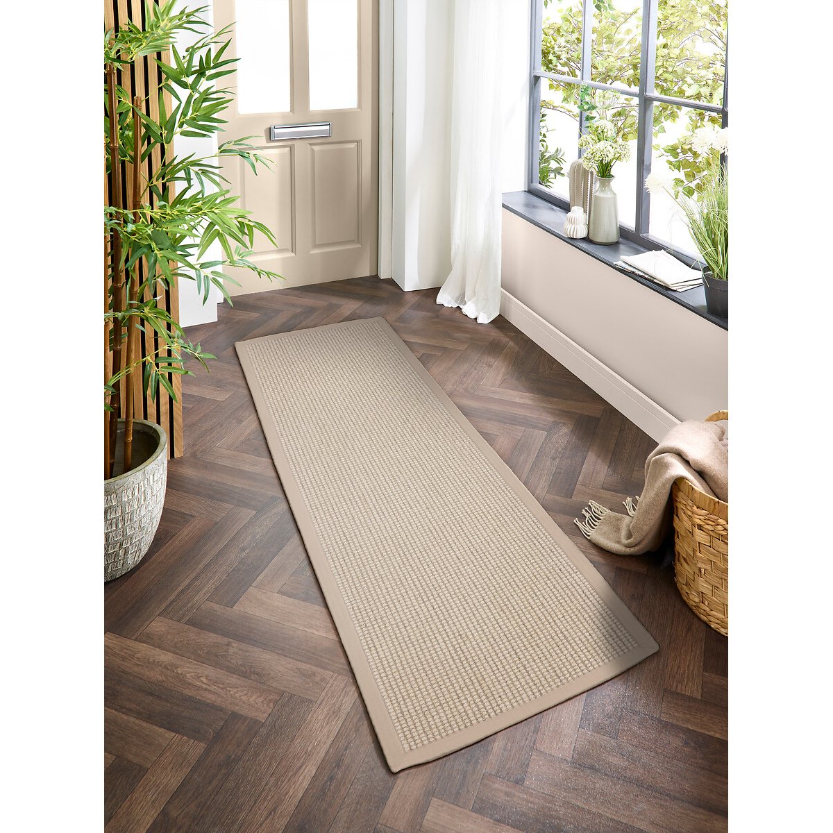 Herringbone Border Boucle Runner Rug beige, SO'HOME