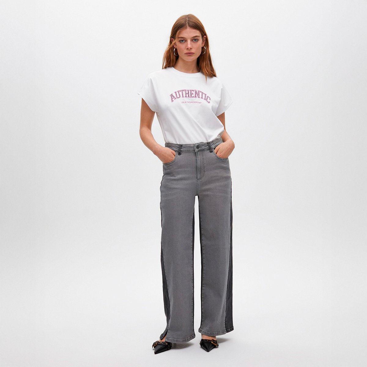 Jeans large bicolore gris clair, LOLA CASADEMUNT