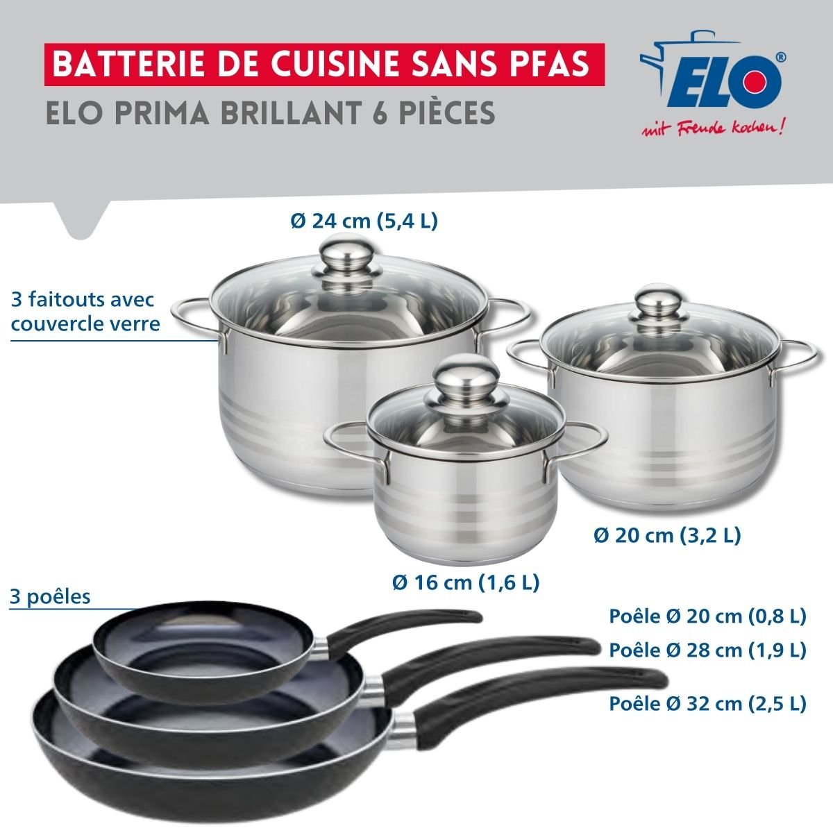 3 poêles 20/28/32cm + 3 faitouts 16/20/24cm PRIMA BRILLANT noir, ELO