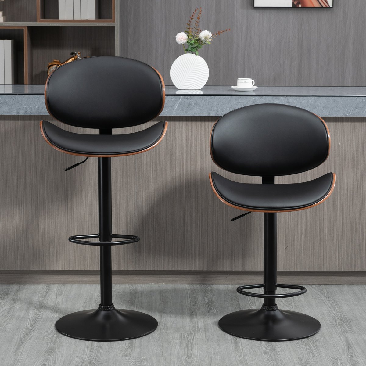 Tabouret de bar Revêtement synthétique PU noir, bois foncé, HOMCOM