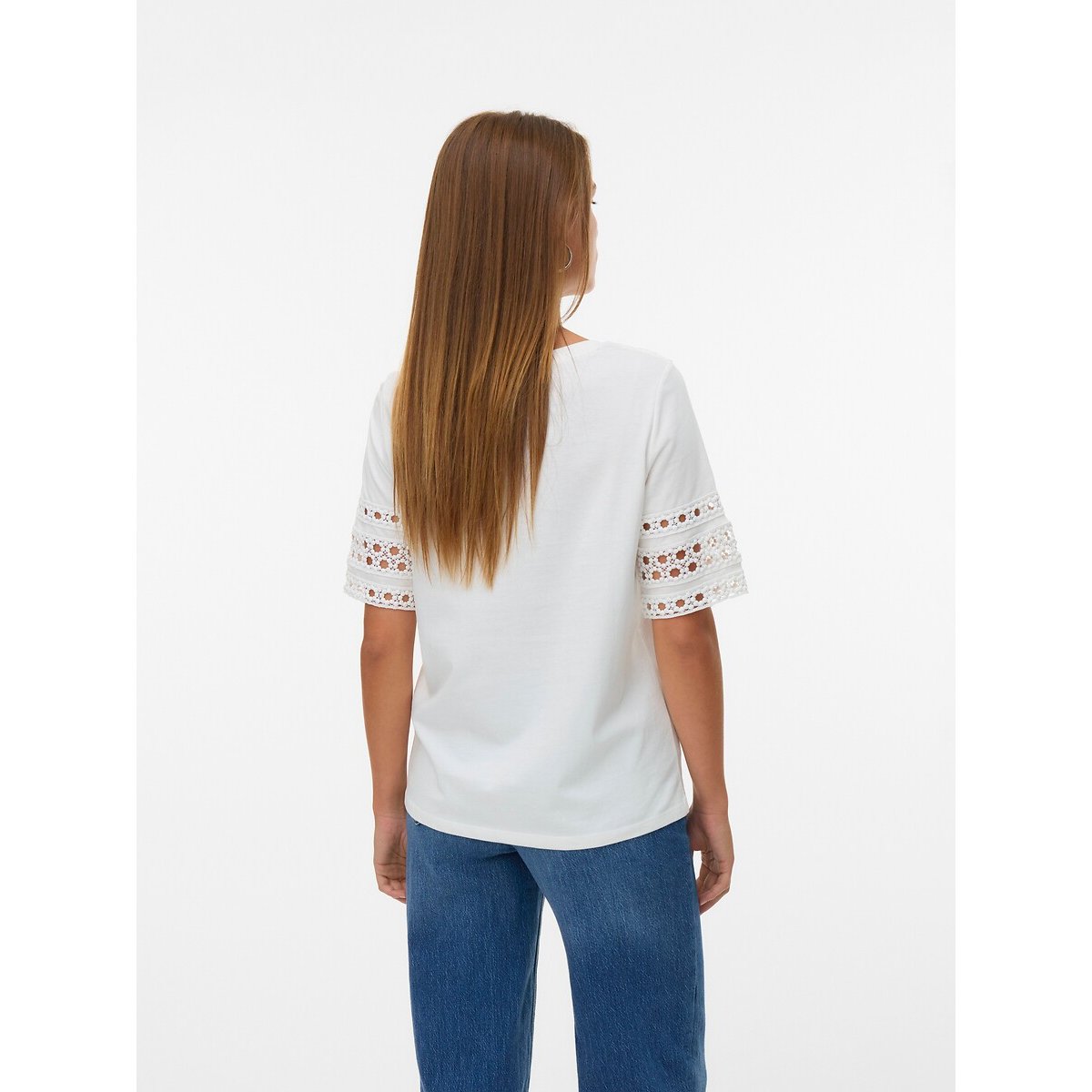 T-shirt col rond manches courtes avec détails brodés blanc, VERO MODA