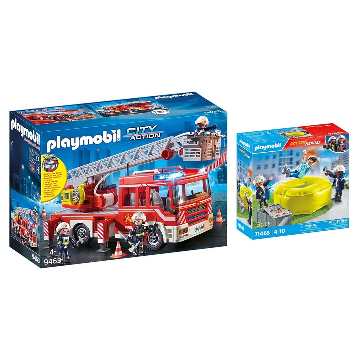 Set de : Pompiers avec coussin de sauvetage + Camion de pompiers avec échelle pivotante multicolore, PLAYMOBIL