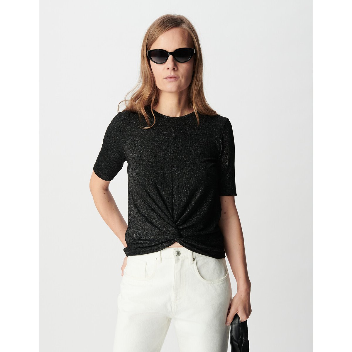 Tee-shirt pailleté drapé avec noeud noir, IKKS