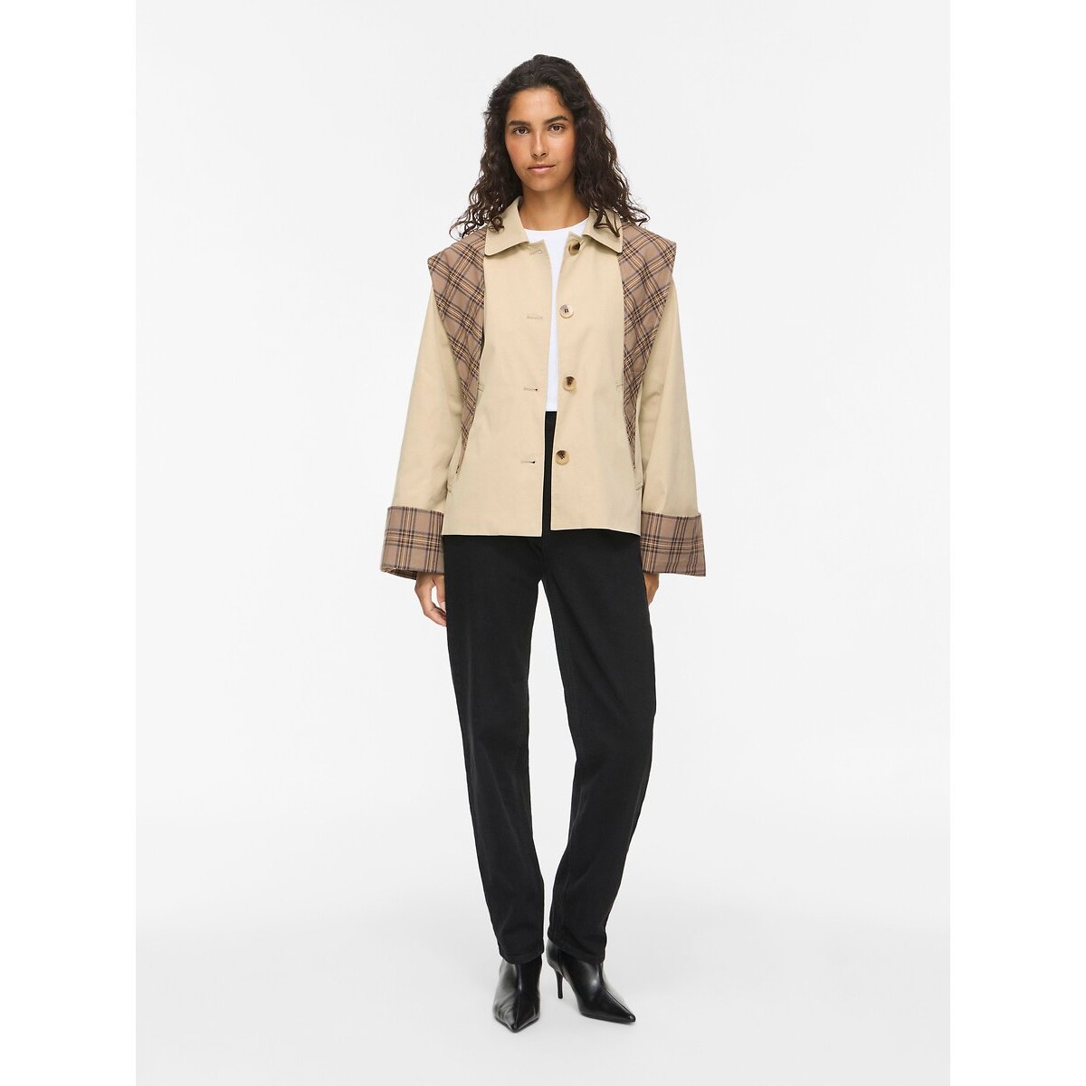 Trench court bi-matière avec nœud beige, VILA