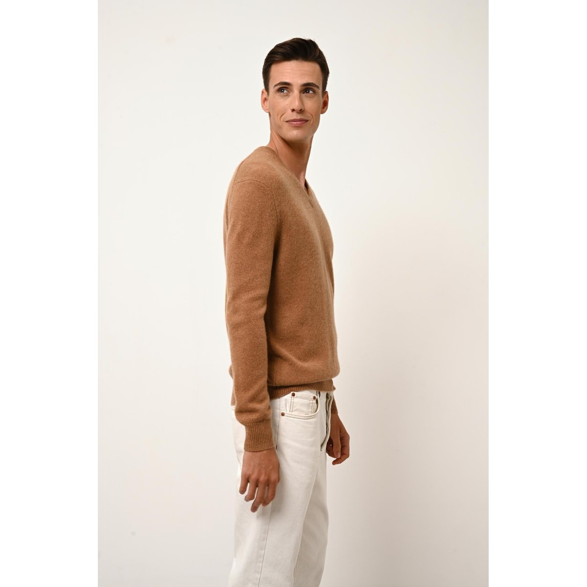 Pull Col V 4 Fils Noisette Nathan marron clair, JUST CASHMERE