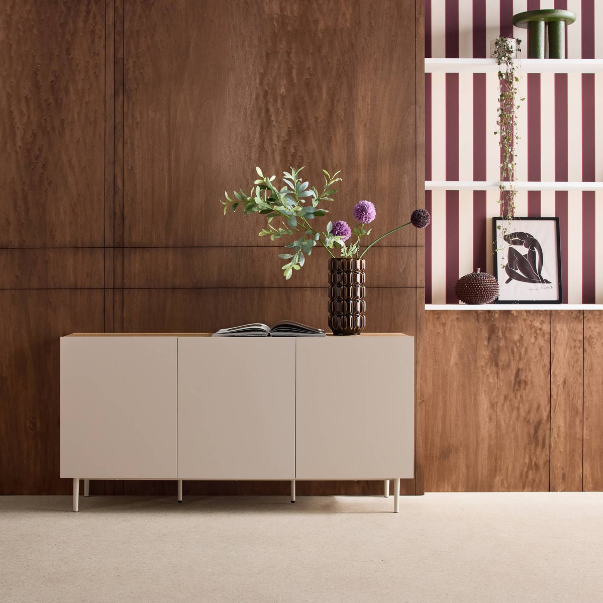Buffet décor bois piétement métal 3 portes 150cm ASHTON gris, SWEEEK