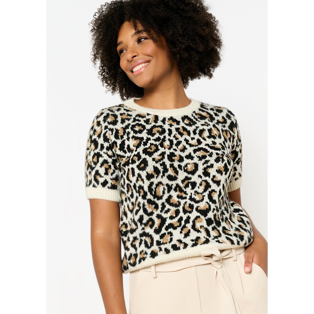 Pull en jacquard à manches courtes camel, LOLALIZA