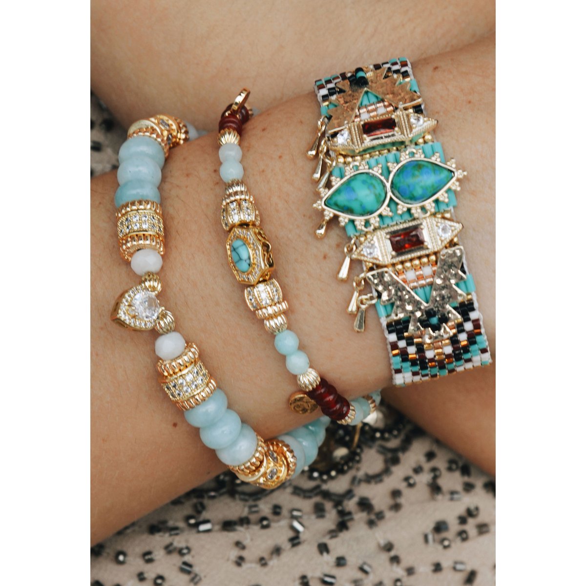 Bracelet de perles avec pampilles réglable BANU turquoise, HIPANEMA