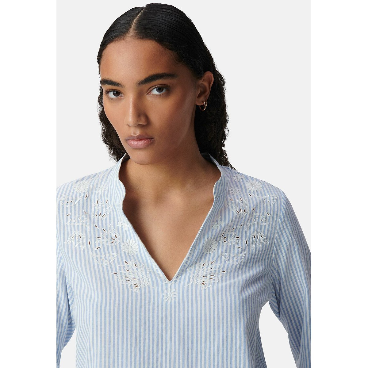 Striped V-Neck Blouse with Long Sleeves and Embroidery blue, IKKS