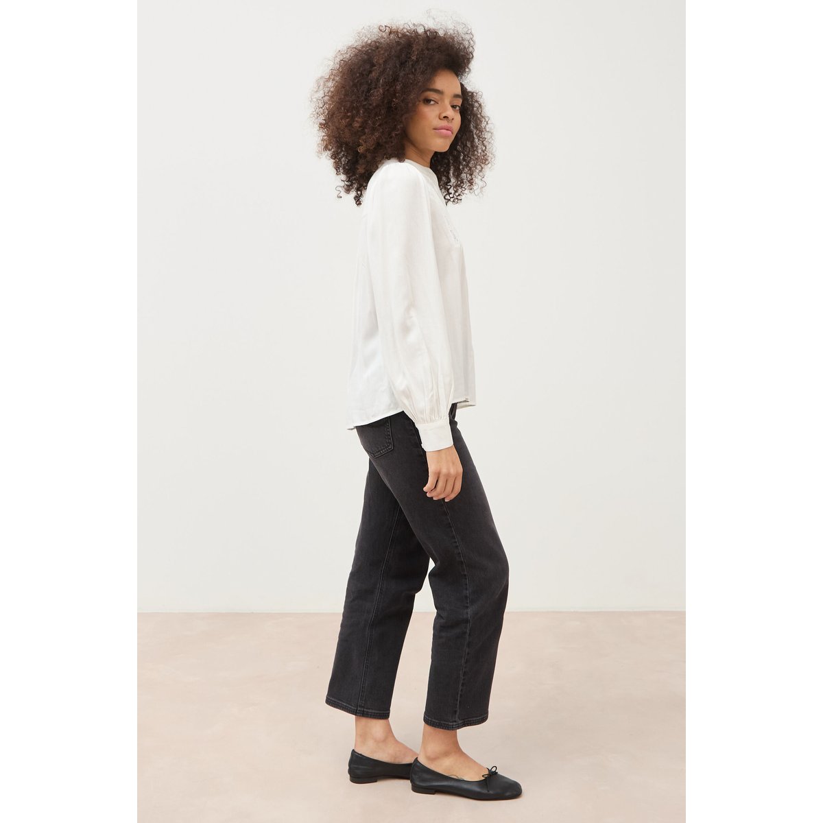 Blouse ajourée col rond manches longues ecru, BONOBO