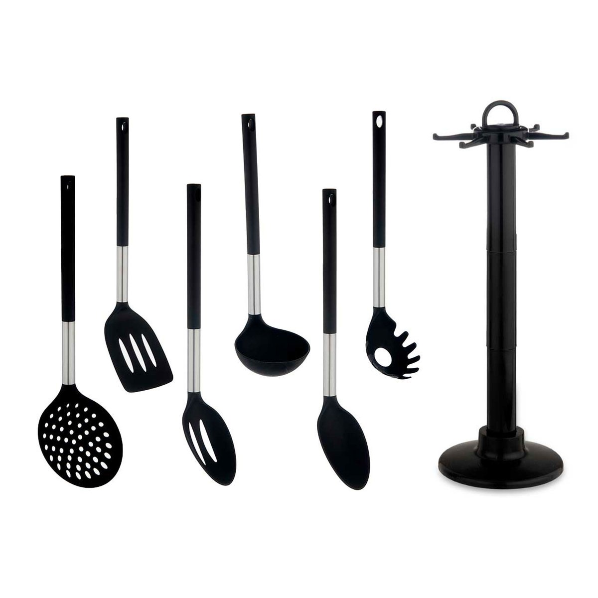Set de 6 ustensiles de cuisine en métal chromé et polypropylène noir + support noir, WADIGA
