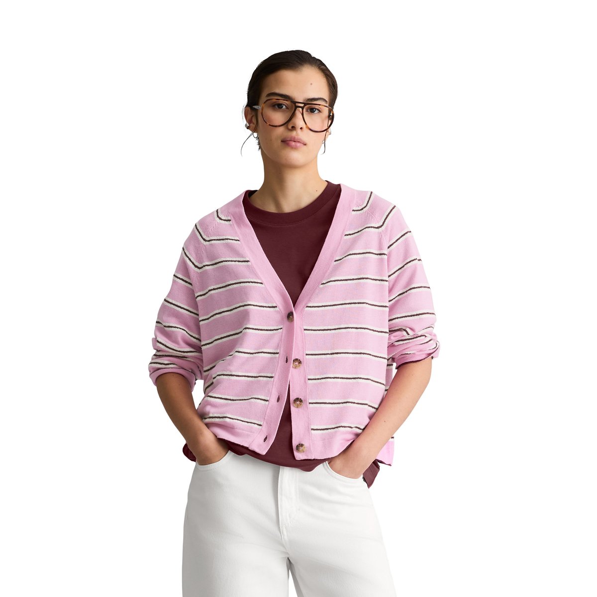 Cardigan rayé regular en mélange coton-modal organique rose, MARC O’POLO DENIM