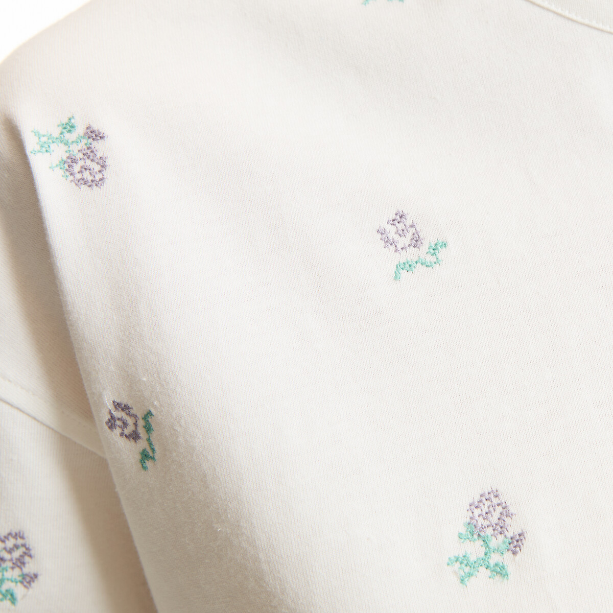 T-shirt a maniche corte con ricamo floreale e scollo rotondo ecru , LA REDOUTE COLLECTIONS