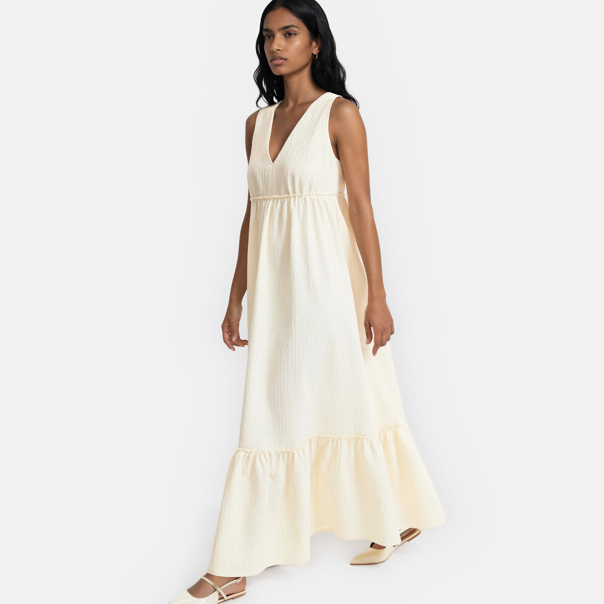 Robe longue col V sans manches à volant ivoire, LA REDOUTE COLLECTIONS