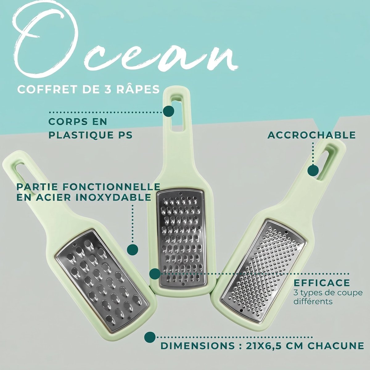 Lot de 3 râpes à légume manuel OCEAN gris,vert, FACKELMANN