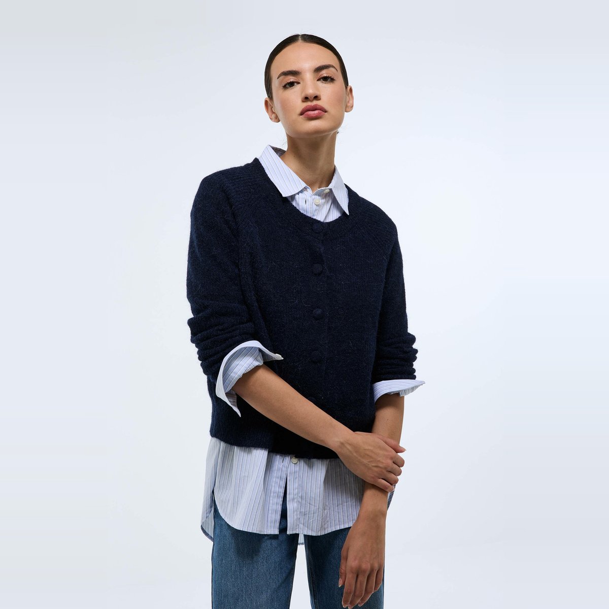 Cardigan en côte perlée contenant de l'alpaga marine, MONOPRIX
