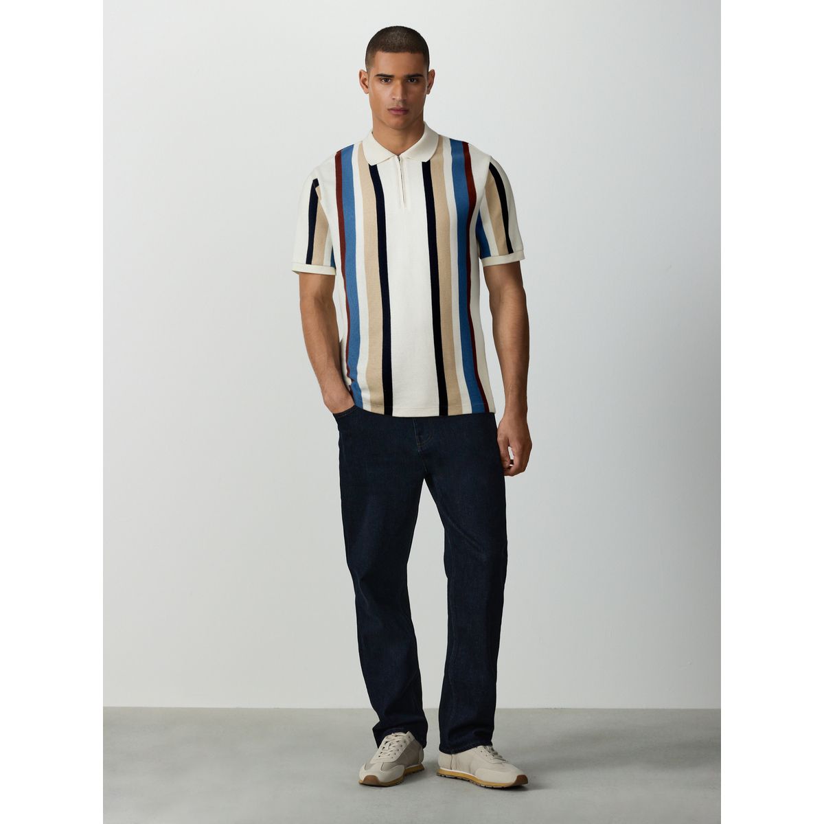 Polo semi-zippé à rayures verticales bleu/blanc, NEXT