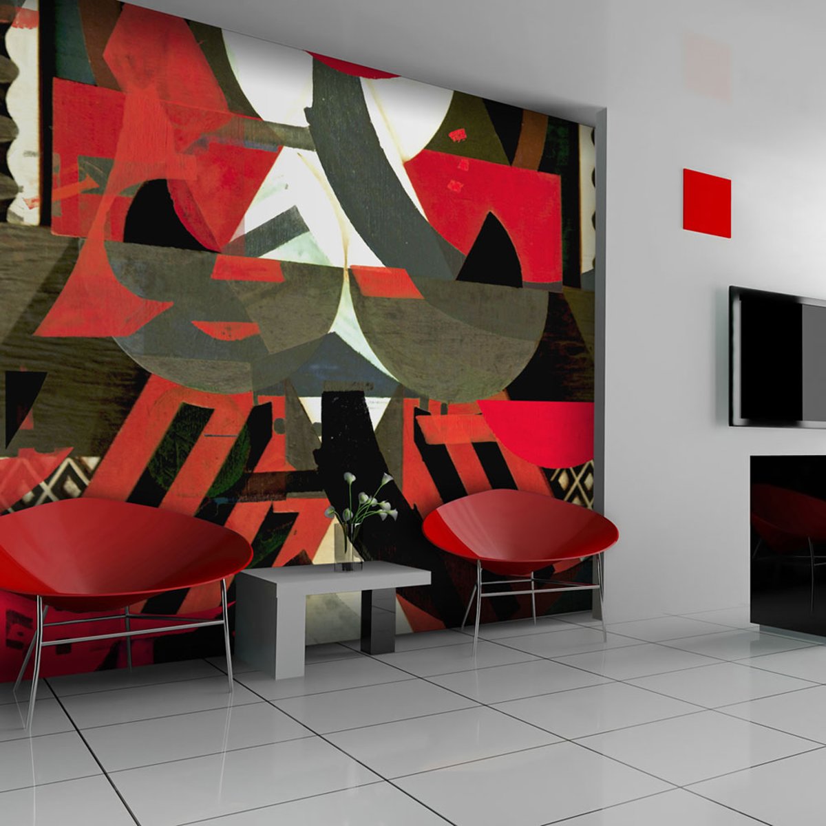 Papier peint intissé panoramique Abstractions Composition artistique en rouge multicouleur, EDEN