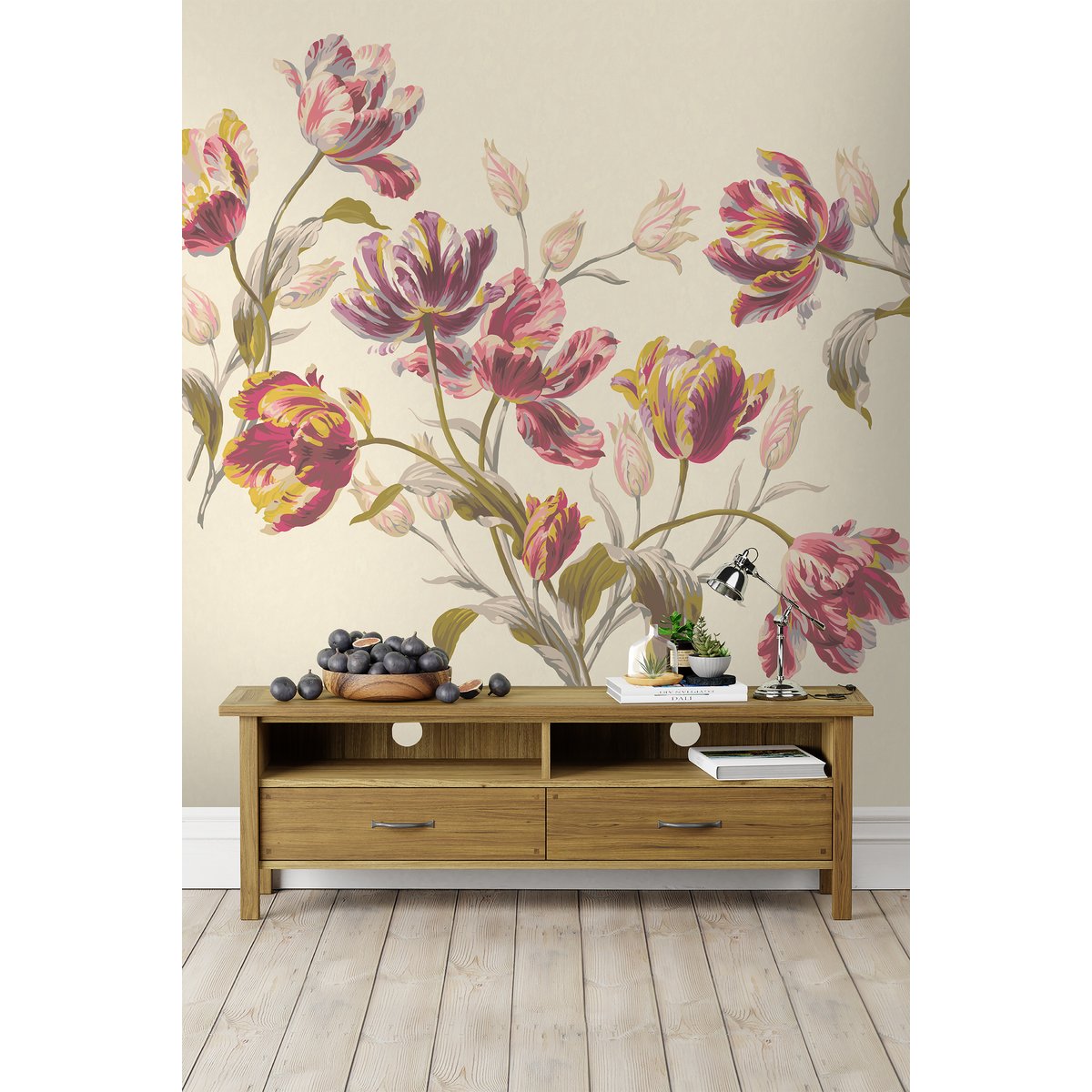 Papier peint panoramique fleuri Tulipes Gosford pourpre, rose, ocre, LAURA ASHLEY