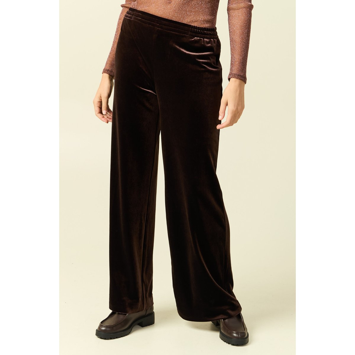 Pantalon large taille haute en velours marron foncé, BONOBO