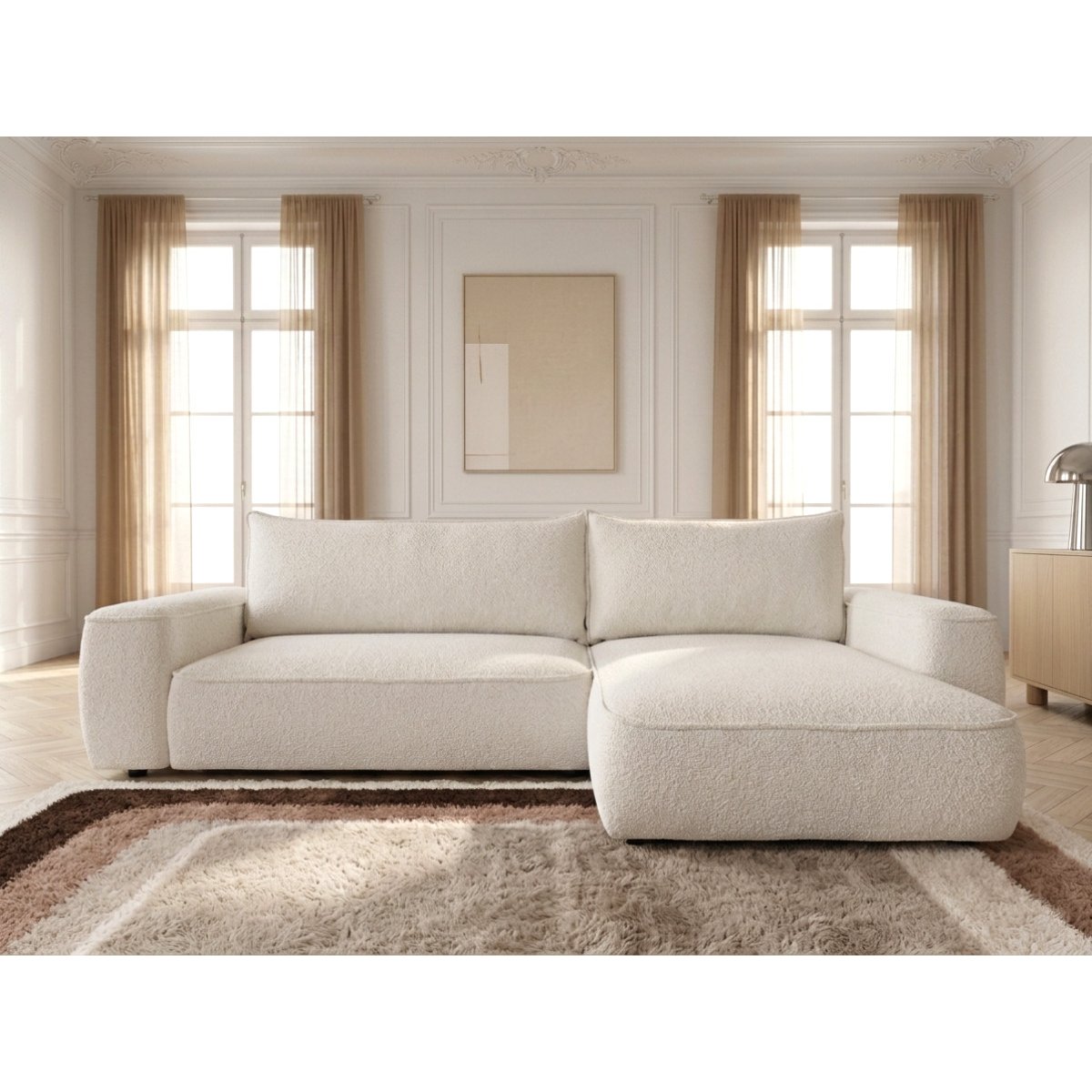 Canapé d'angle convertible 3 places en tissu chenille, HONORE blanc, BOBOCHIC