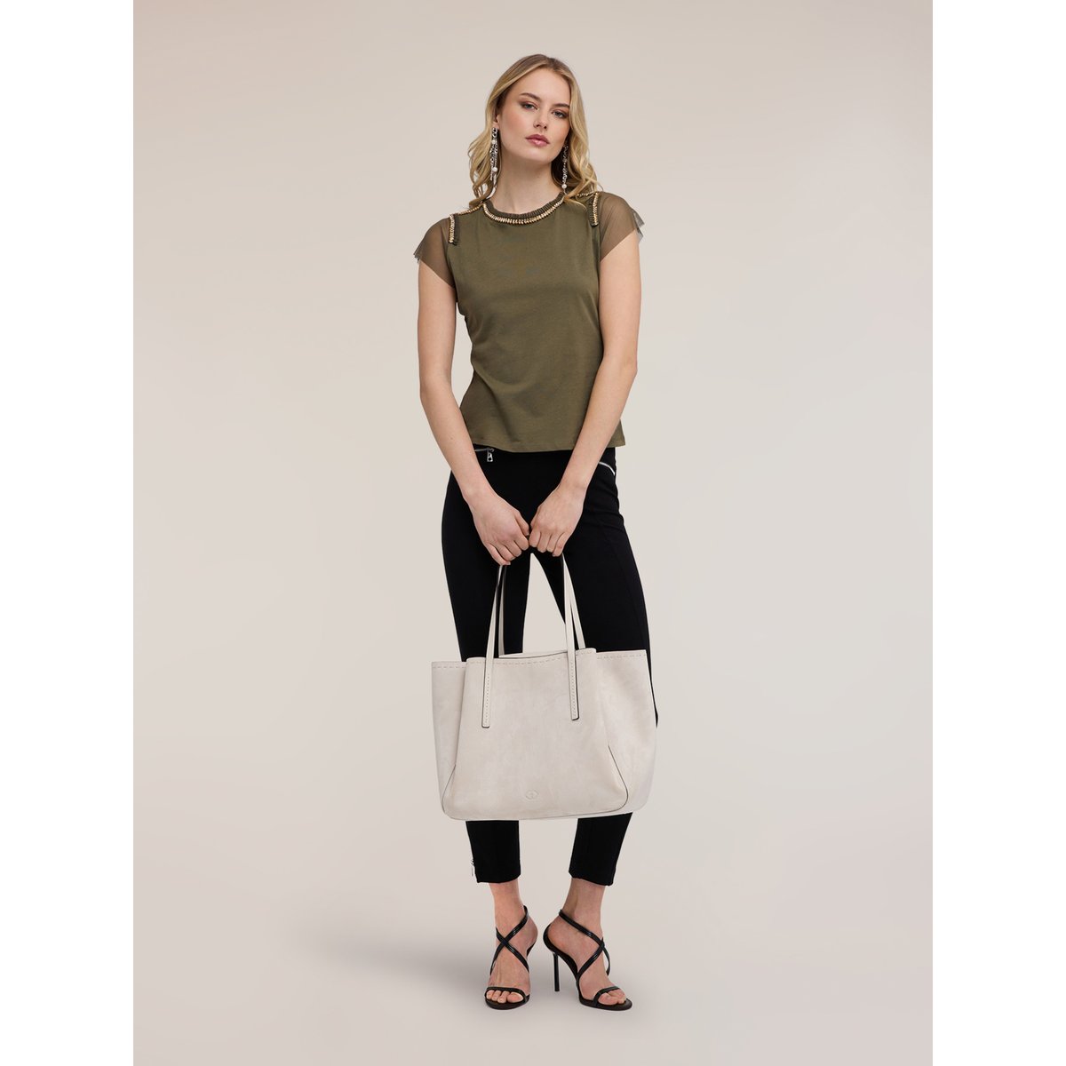 T-shirt avec manches et broderies bijou verde militare, MOTIVI